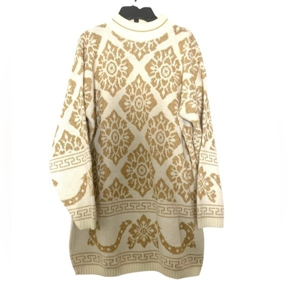New Vintage Floral Lurex Sweater Mini Dress White Gold Large